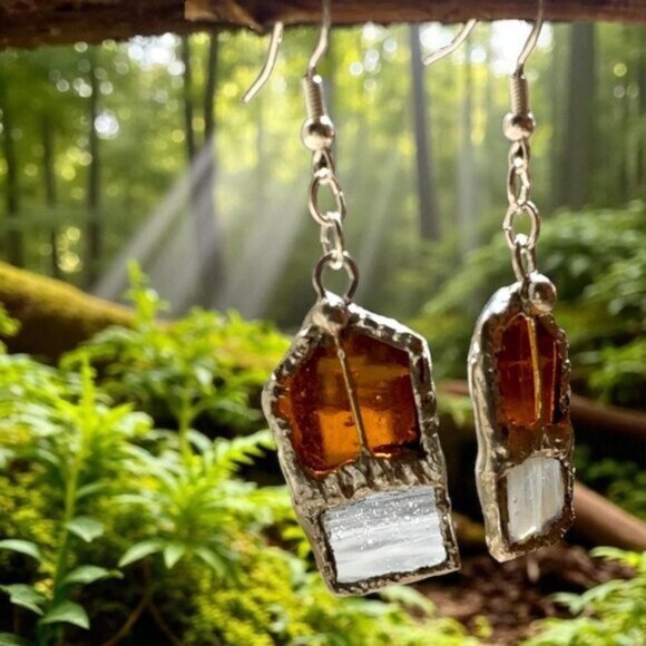 Amber & Clear Stained Glass Dangle Artisan Earrings W/ Silver Solder & 925 Hooks - Picture 6 of 16